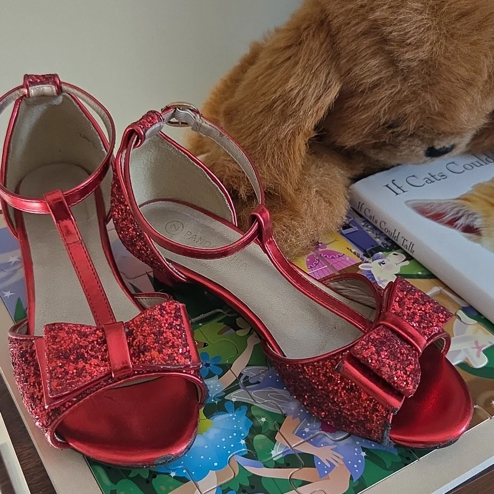 SOBOYO Red Glitter Girl's Fun Strappy Holiday Sandals With A Low Heal Bow In Red
